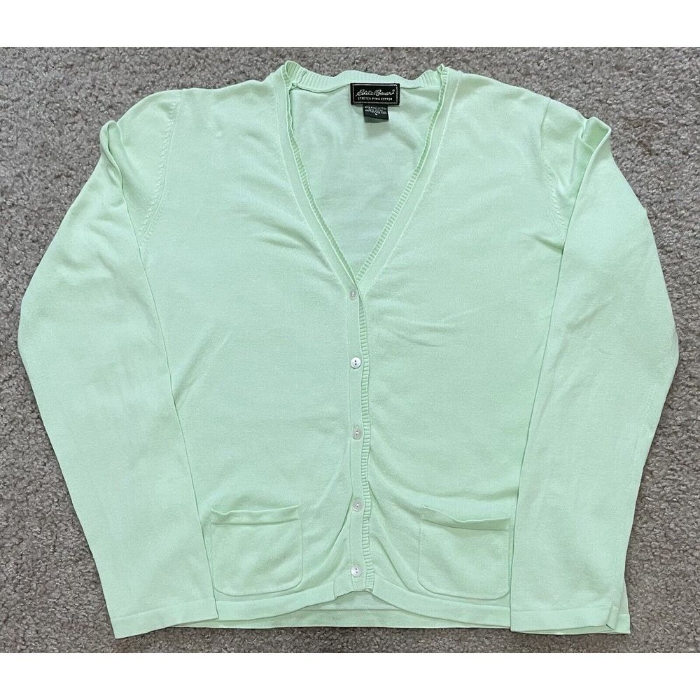 Eddie Bauer Cardigan Women L Mint Green Stretch  V-Neck Button Up Classic Office